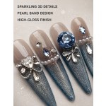 Blue Glitter Gradient Long Stiletto Press‑On Nails, Luxurious 3D Bow Pearl Rhinestone False Nails